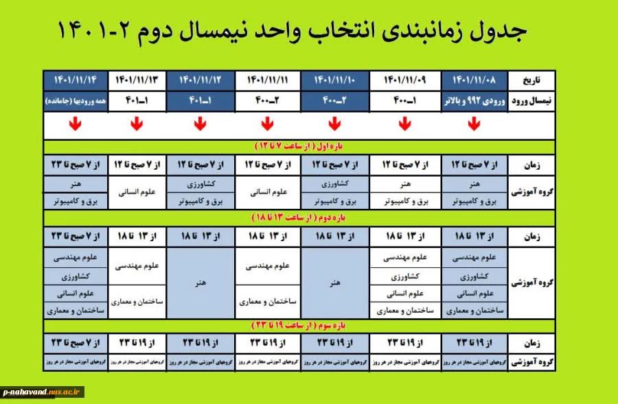 جدول زمانبندی انتخاب واحد نیمسال دوم  2