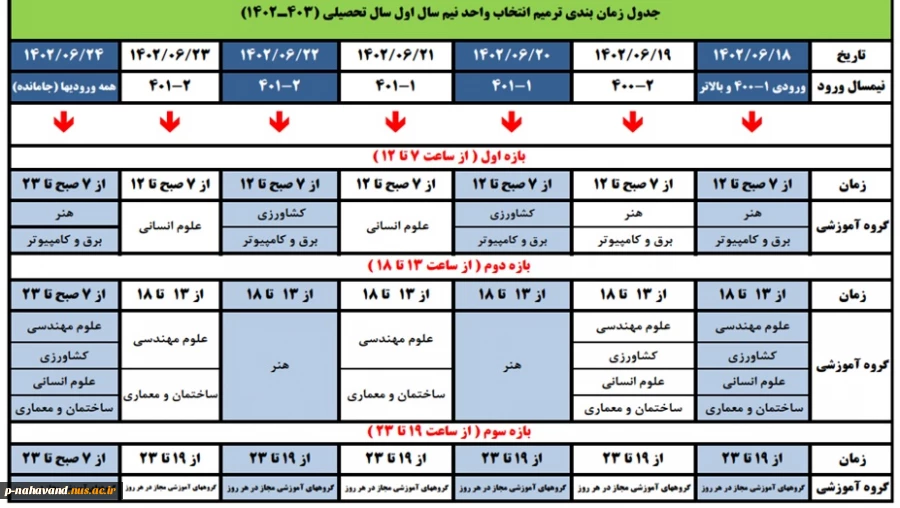 قابل توجه دانشجویان : جدول زمان بندی ترمیم انتخاب واحد نیم سال اول  2