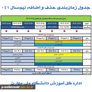 جدول زمان‌بندی حذف و اضافه نیم‌سال اول سال تحصیلی ۱۴۰۴/۱۴۰۵ (مهر _ ۰۴۱)