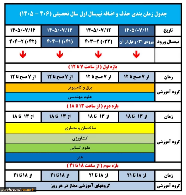 جدول زمان‌بندی حذف و اضافه نیم‌سال اول سال تحصیلی ۱۴۰۵/۱۴۰۶. (۰۵۱)